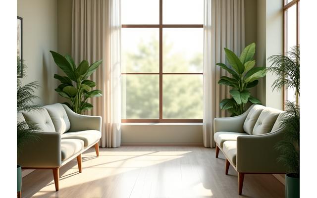 Inviting, naturally lit interior of EmeralithEssentia Bloom's Boulder office, featuring comfortable seating and subtle green elements.