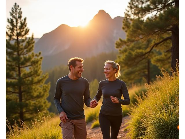 Two adults 35+ on a hiking trail in Boulder, smiling and encouraging each other, symbolizing a collaborative wellness challenge and accountability partnership.