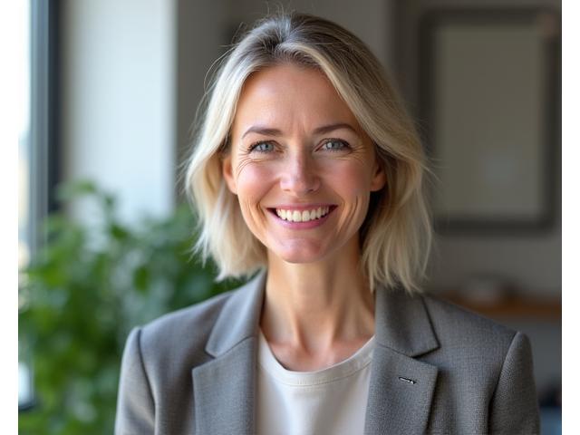 A female wellness coach in her 40s or 50s, looking directly at the camera with a reassuring smile, positioned in a clean, professional office setting.