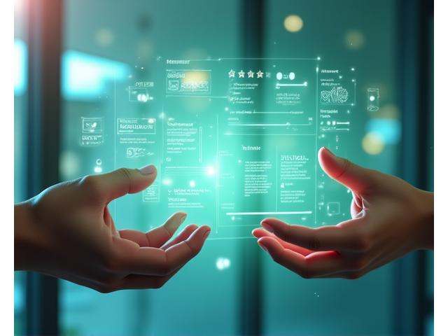 Conceptual image showing hands interacting with a transparent screen displaying feedback forms and voting icons, illustrating user input and data collection in a modern, clean design.