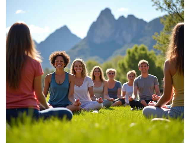 A vibrant scene of diverse adults 35+ participating in an outdoor yoga class or healthy cooking workshop in a scenic Boulder park or community garden, emphasizing local engagement and natural beauty.