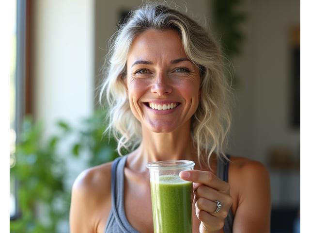 Woman in her 40s smiling confidently, reflecting a successful health transformation, perhaps with a before/after visual implied in a split image or subtle overlay.