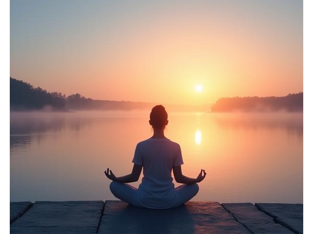 Person meditating peacefully in front of a calm body of water at sunrise