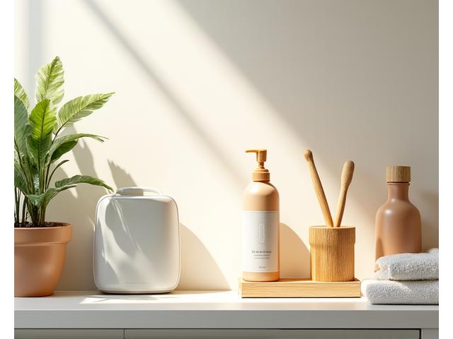 Eco-friendly cleaning supplies and an air purifier in a brightly lit kitchen.