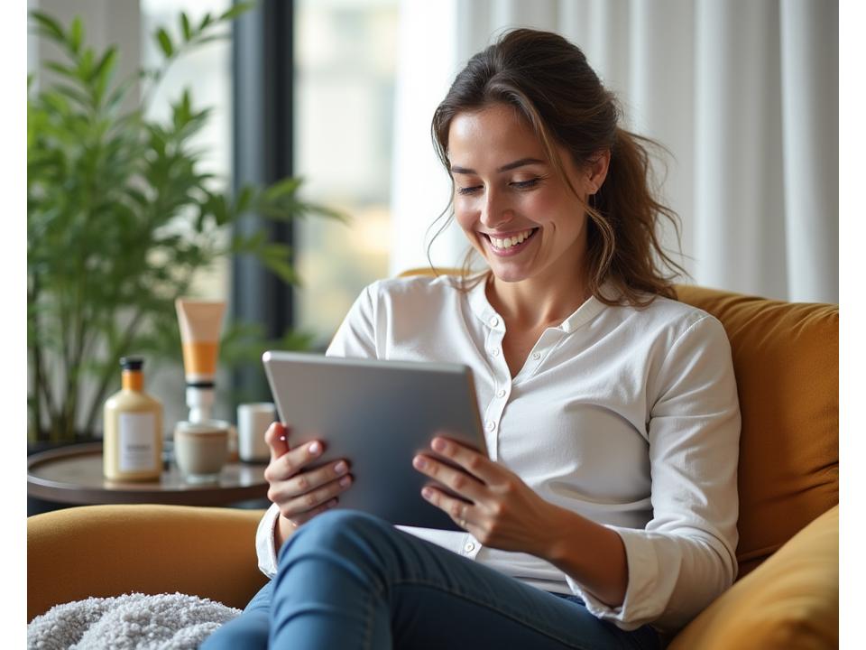 A woman taking a personalized health quiz on a tablet, with wellness products blurred in the background.