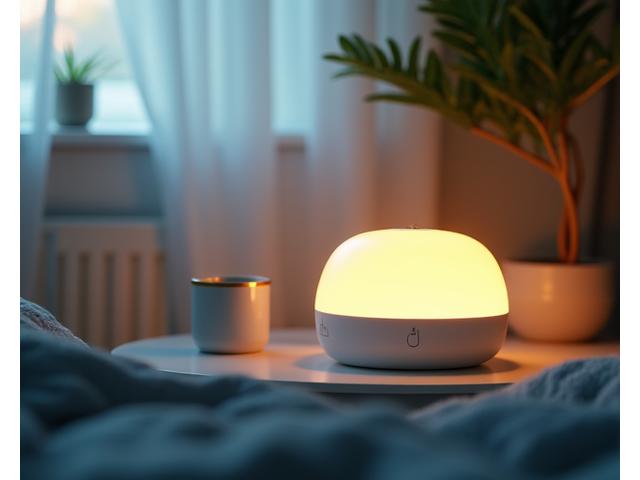 A compact sleep-aid device emitting gentle light on a bedside table next to a glass of water.