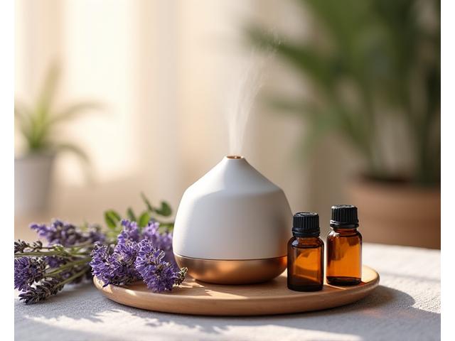 An essential oil diffuser with various essential oil bottles and dried lavender.