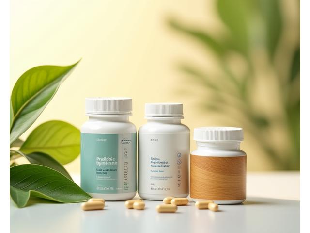 Prebiotic and probiotic supplements neatly displayed on a wooden surface with green leaves in the background.