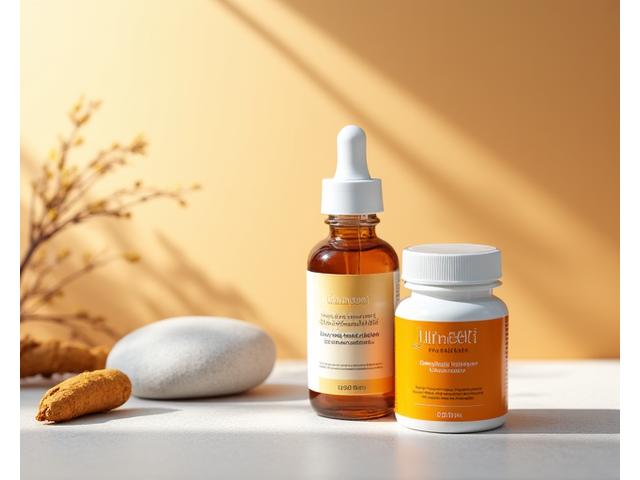 Bottles of collagen and turmeric supplements for joint support, with gentle morning light.