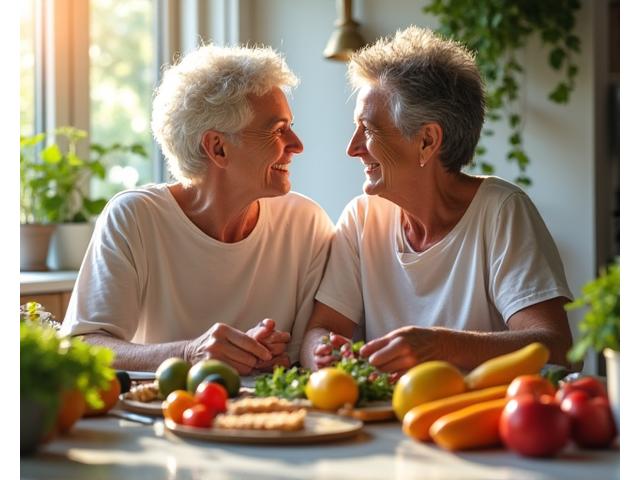 Man and woman 45-55 enjoying a healthy meal.