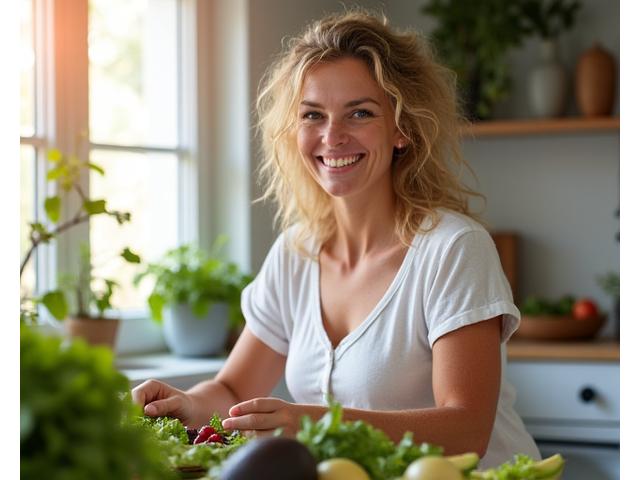 Woman enjoying healthy meal in sunny kitchen