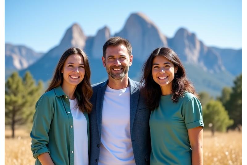 EmeralithEssentia Bloom team photo with the Boulder Flatirons in background