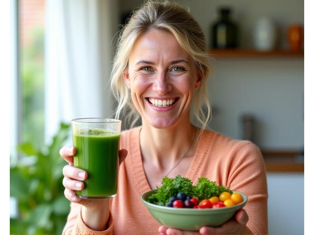 Glowing Linda, 48, with a healthy smoothie