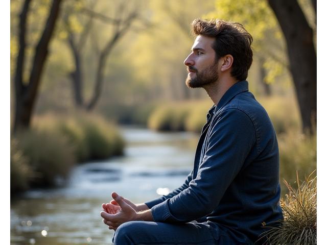 Calm Michael, 38, practicing mindfulness by a Boulder creek