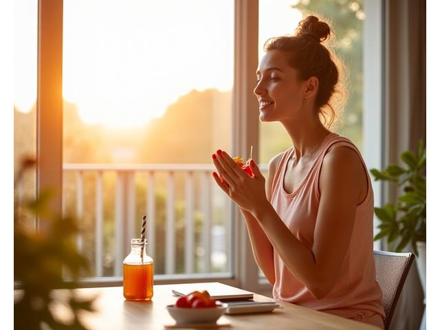 A dynamic, healthy adult (35-50) engaging in a morning routine, perhaps stretching, enjoying a vibrant breakfast, or working productively in a well-lit space.