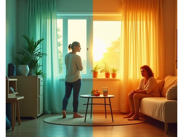 Montage of lifestyle elements: a person meditating, fresh produce, someone cycling, and calm bedroom lighting – showing a 'before and after' journey to vitality.