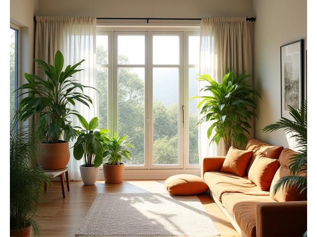 A serene and inviting home interior scene, featuring abundant natural light, indoor plants, comfortable seating, and an overall sense of calm and order.