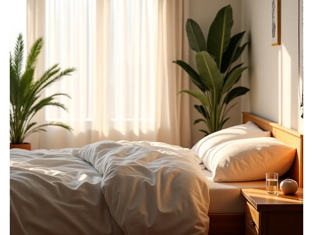 A serene and clean bedroom environment with soft, warm lighting, natural plants, and an organized nightstand, suggesting optimal sleep conditions.