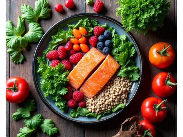 A vibrant and colorful balanced meal with fresh vegetables, lean protein, and healthy grains, emphasizing longevity nutrition.