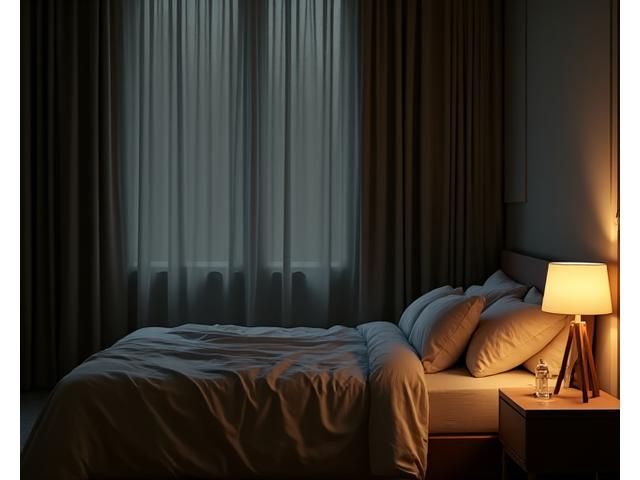 A serene bedroom scene at night, depicting optimal sleep environment with soft lighting, dark curtains, and a comfortable bed.