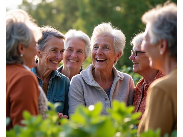 A diverse group of older adults actively engaged in a community activity, laughing and interacting, in a bright, inviting setting.