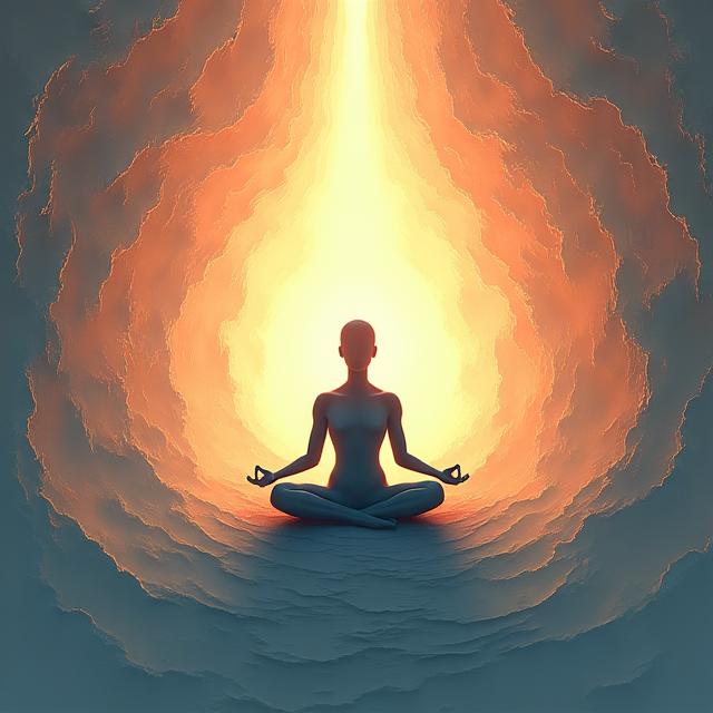 Illustration of serene person meditating amidst the chaos of modern life