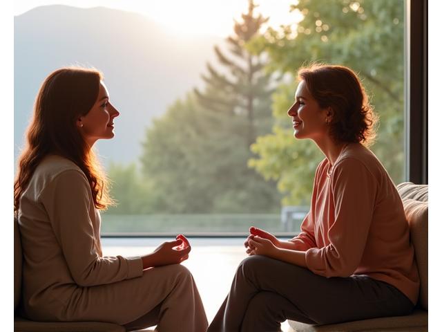 Empathetic mindfulness coach guiding a client in a serene Boulder setting
