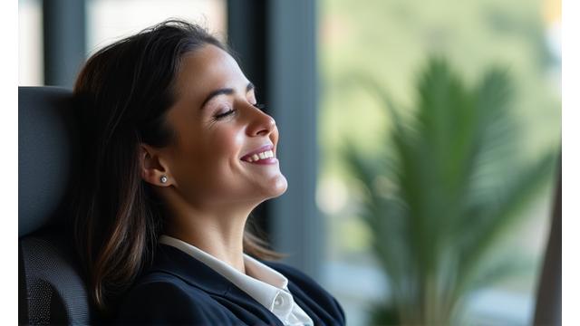 Person leaning back in office chair, eyes closed, calm