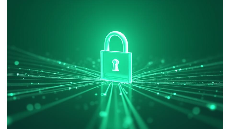Abstract depiction of digital security with a secure padlock icon surrounded by interwoven data streams, symbolizing robust encryption and data protection
