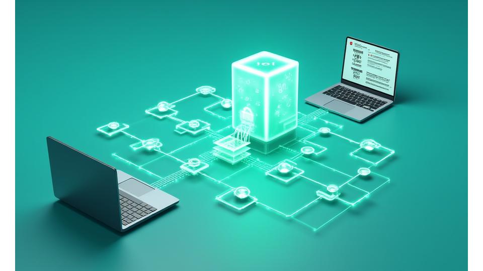 Stylized diagram showing data flowing securely from user interfaces (phone, laptop) into a central, protected server with encrypted pathways, representing secure data collection and processing