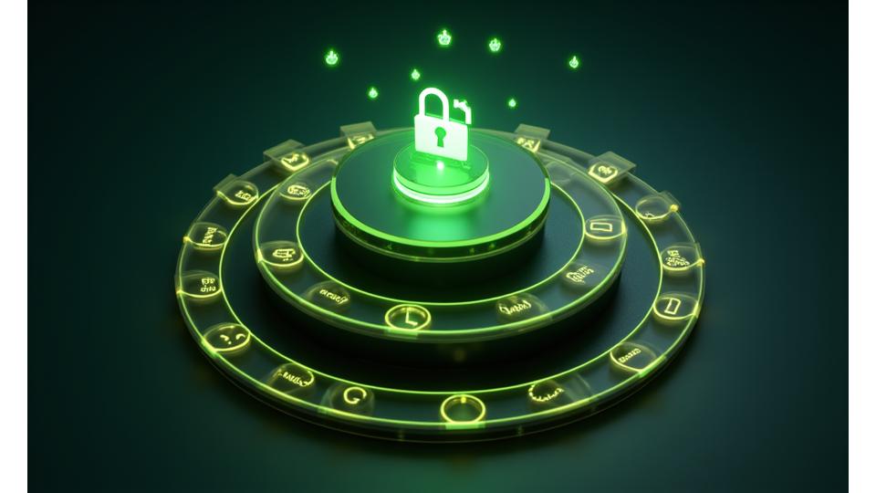 Abstract illustration of multi-layered digital security, showing a central secure data vault surrounded by concentric rings or shields of encryption, firewalls, and access control symbols