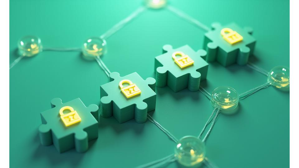 Interconnected puzzle pieces or network nodes, some with padlock icons, illustrating secure and controlled data sharing between trusted entities