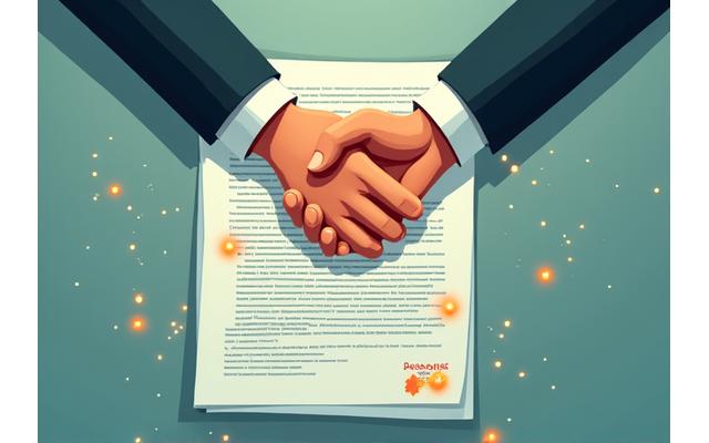 Illustration of two hands shaking above a legal document, surrounded by subtle gears and arrows symbolizing a fair, structured, and efficient resolution process. Professional and reassuring.