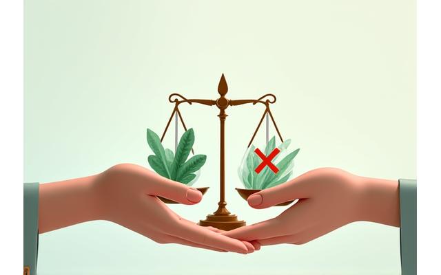 Two hands balancing a delicate scale, one side representing comprehensive wellness services, the other side representing clear disclaimers for medical advice, set against a calm, professional background.